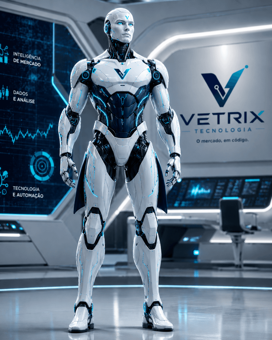 VTX Core, o mascote robô da Vetrix Tecnologia, em uma sala de controle de dados